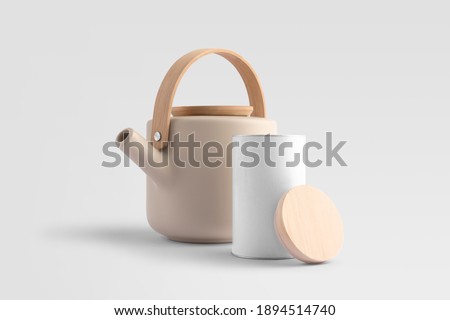 Blank tea container with pot, wooden lid, front view, on a white background, 
 packaging mockup with empty space to display your branding design.