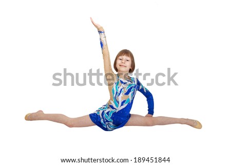 Gymnast girl sitting in splits isolated on white background