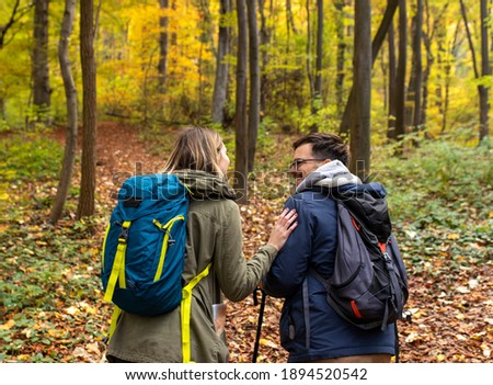 Picture of couple of hikers in the forest from back 