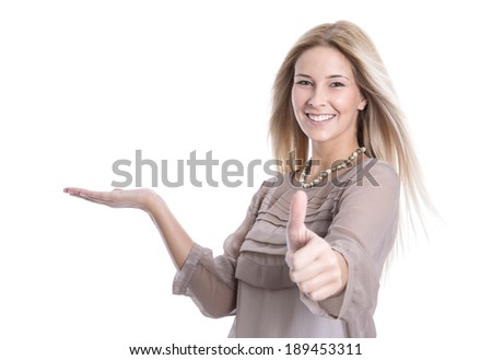 Young woman isolated on white presenting with hands.