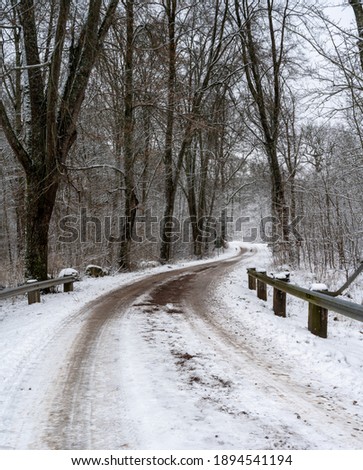 An icy and snowy winter road going through a forest. Picture from Eslov, southern Sweden
