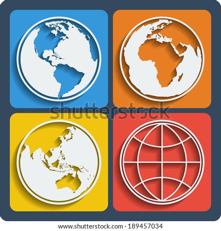 Set of 4 earth planet globe web and mobile icons in flat design with long shadow. Vector.