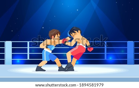 A young fighter or boxer loses and gets hit in the face by a knockdown or knockout in the boxing ring during a fight. Cartoon character, flat vector style illustration.
