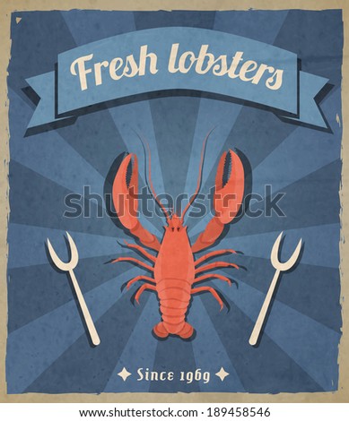 Fresh lobster retro vintage restaurant advertising poster with beam background vector illustration