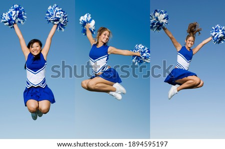 Collage portrait of cheerleader jumping in the air with pom poms