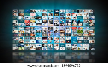 Television streaming, TV broadcast. Multimedia wall concept. Royalty-Free Stock Photo #1894596739