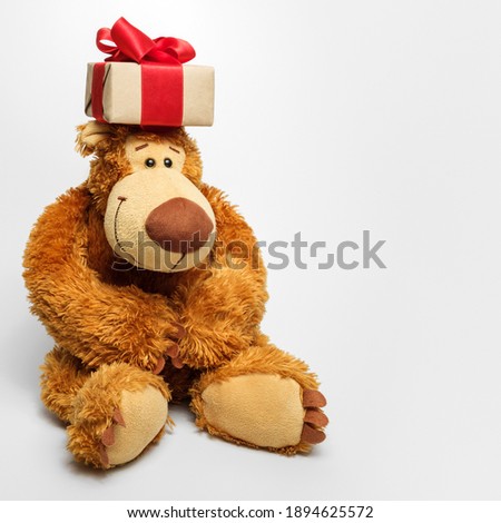 Teddy bear with a gift on his head
