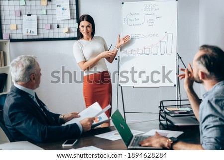 Smiling businesswoman pointing at flipchart with graphs near investor and colleague with laptop on blurred foreground