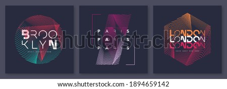 Set of abstract geometric t-shirt vector designs, graphic prints. Brooklyn, Paris, London.
