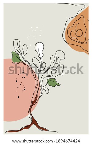 Tree in a botanical wall art vector. Line drawing of tree foliage with abstract shape. Modern plant design for print, covers, wallpapers, minimalist wall art. Vector illustration.