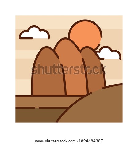 landscape desert mountains arid sun sky nature cartoon, vector illustration filled line flat colors