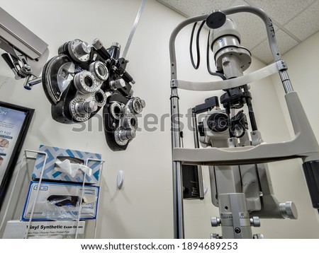 Ophthalmology empty Office, Equipment Commonly Seen in an Eye Doctor room, New York, United States