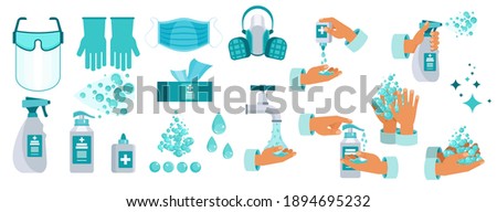 Set of Antiseptic for disinfection. Hand hygiene. Hand washing with soap. Sanitizer bottles, washing gel, spray and liquid soap. Personal protective for epidemic covid-19. Flat vector illustration.