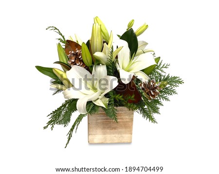 Winter White Lily Floral Arrangement in Natural Wood Box Cedar Pinecones Rustic Design Centerpiece Magnolia 