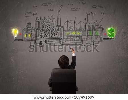 Business man looking at factory that makes money from ideas concept