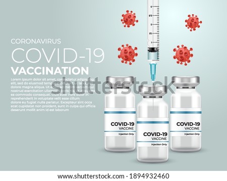 Coronavirus Vaccine Banner Design : Covid-19 corona virus vaccination with vaccine bottle and syringe injection : Vector Illustration Royalty-Free Stock Photo #1894932460