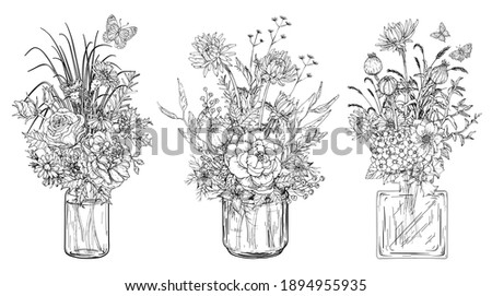 Black and white Set of bouquets of flowers in glass vases. Vector illustration. Royalty-Free Stock Photo #1894955935