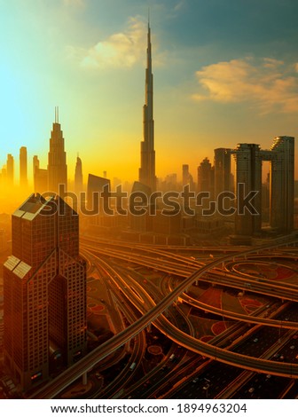 Dubai downtown - modern city center skyline with luxury and famous skyscrapers, United Arab Emirates