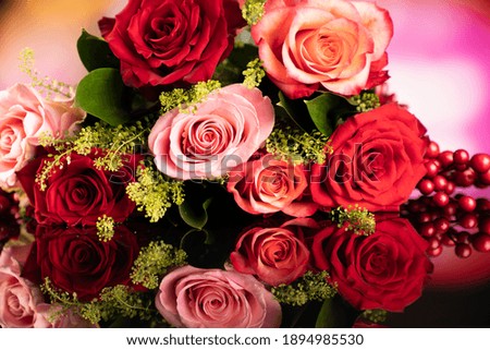 Bouquet of roses on colorful bokeh background.
