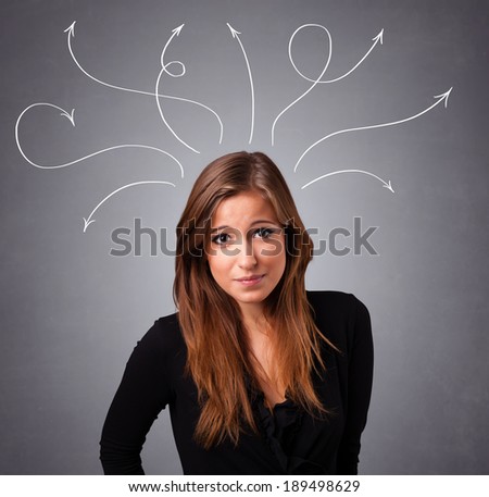 Pretty young girl thinking with arrows overhead