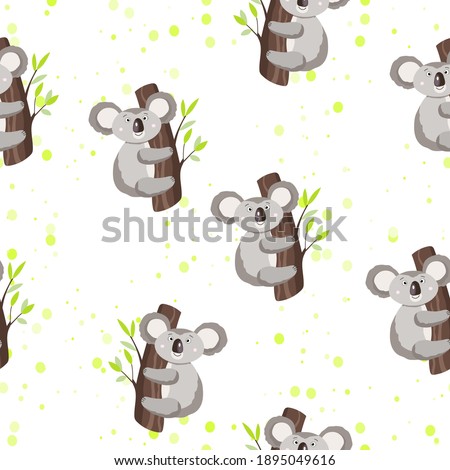 Seamless pattern with cute koala baby and hearts on white polka dots background. Funny australian animals. Card, postcards for kids. Flat vector illustration for fabric, textile, wallpaper, paper.