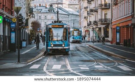 Oslo trams at Majorstuen area during winter time Royalty-Free Stock Photo #1895074444