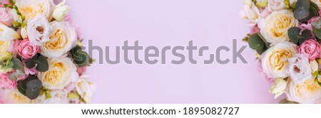 purple, soft pink spring background with flowers. Banner postcard.