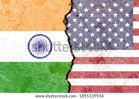India VS USA national flags icon isolated on broken weathered cracked concrete wall background, abstract India US politics friendship relationship friendship conflicts concept texture wallpaper