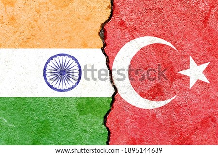 India VS Turkey national flags icon isolated on broken weathered cracked concrete wall background, abstract international political relationship friendship conflicts concept texture wallpaper