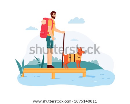 Young man with dog having summer adventure trip. Guy with backpack and walking stick standing near river or lake with pet. Traveling activity, leisure time cartoon  illustration