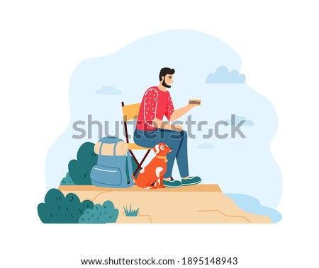Man with dog hiking and having summer trip. Guy sitting on chair and eating sandwich near backpack on cliff with pet. Traveling activity, leisure time, having journey on nature  illustration