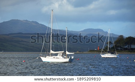 Yachts and boats sailing on a sunny day. Rocky shores with hills, forests and country houses in the background. Rhu marina, Firth of Clyde, Scotland, UK