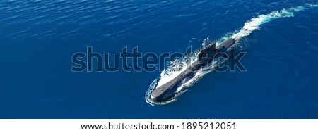 Aerial drone ultra wide photo of latest technology naval armed forces submarine cruising in deep blue open ocean sea Royalty-Free Stock Photo #1895212051