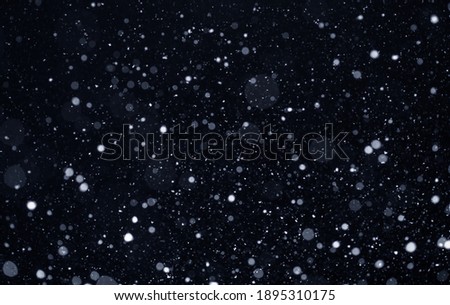Snow falling on black background, Real snowflakes flying at night sky
