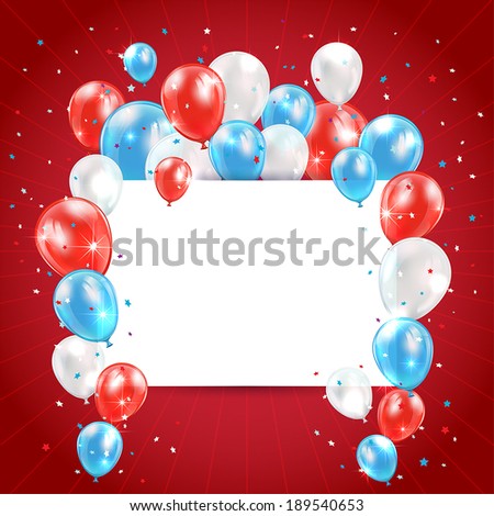 Independence day red background with tricolor balloons and card, illustration.
