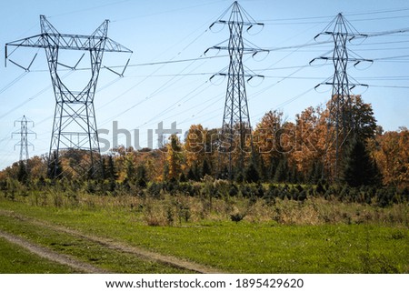 The transmission towers and wires captured on a grass-covered field