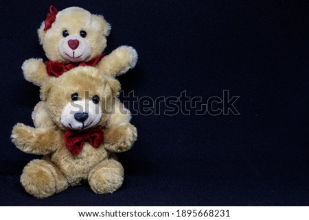2 teddy bears, 1 sitting on the other placed on the left side so that you can write on the right side of the image, placed on a black background