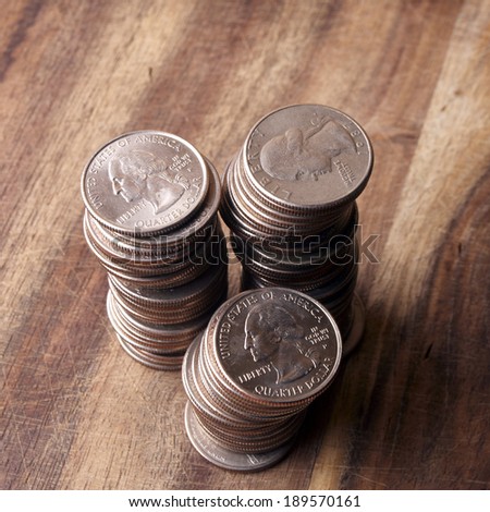 Quarters in Pile. Money and Coins. 