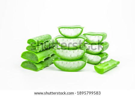 Pile of fresh aloe vera plant slices stacked and aloe vera stalk or leaves with water dropping isolate on white background.