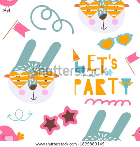 Seamless pattern for birthday design with cute animals – hare, bird. Lettering Let’s party. Vector illustration for packaging. Pattern is cut, no clipping mask.