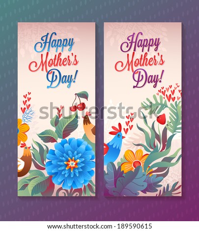 Floral Spring Greeting Cards. Happy Mother's Day! Leaves, Flowers and Birds for Your Romantic Design