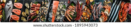 Seafood. Big photo collage: fish, shrimp, shells and lobsters on a black stone background. Banner. Royalty-Free Stock Photo #1895943073