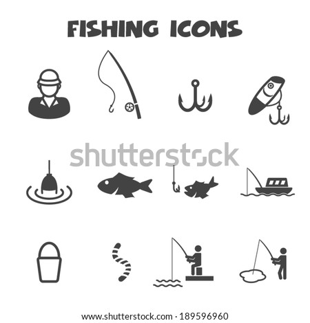 fishing icons, mono vector symbols