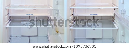 Cleaning a dirty refrigerator before and after fixing the problem. Clean kitchen appliances before and after washing and cleaning. Royalty-Free Stock Photo #1895986981
