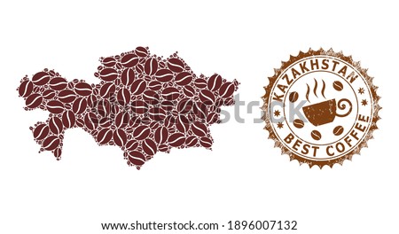 Coffee mosaic map of Kazakhstan and scratched stamp seal. Vector map of Kazakhstan collage is designed from chocolate seeds. Round rosette stamp in brown colors.