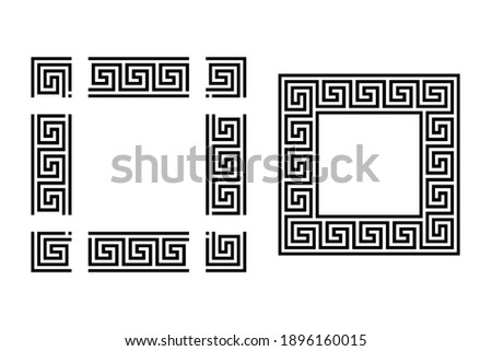 Template for seamless meander design, with an already assembled square frame. Separate parts to construct a rectangle or square frame with meander pattern of any size. Greek key. Illustration. Vector. Royalty-Free Stock Photo #1896160015