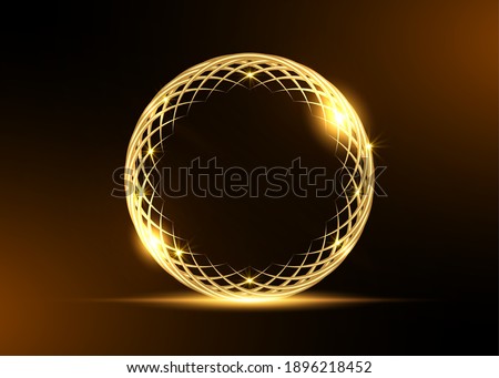 Golden ring frame of Flower of Life symbol. Geometrical figure, composed of overlapping gold circles. Luxury Business globe logo design, vector isolated on black background 