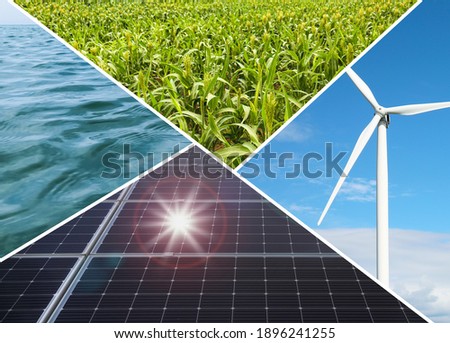 Collage with photos of water, field, solar panels and wind turbine. Alternative energy source