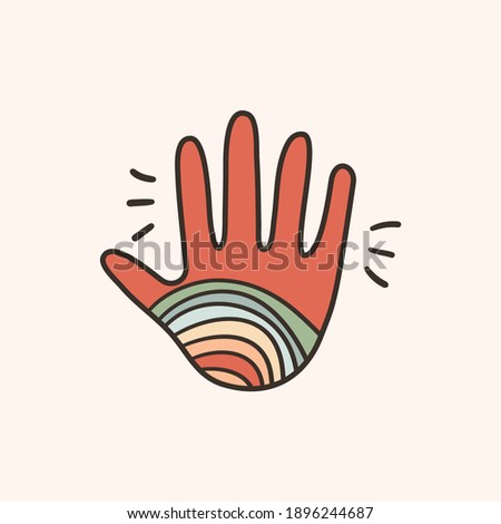 Hand with rainbow, abstract minimalist hand drawn vector illustration. Beautiful simple design in trendy Earth colors - red, blue, yellow, orange, for greeting card, modern poster, banner, t-shirt