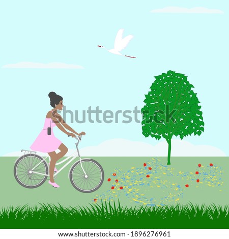 Spring landscape, flowers, flying crane. African American girl rides a bicycle - vector. Sports activities in nature.